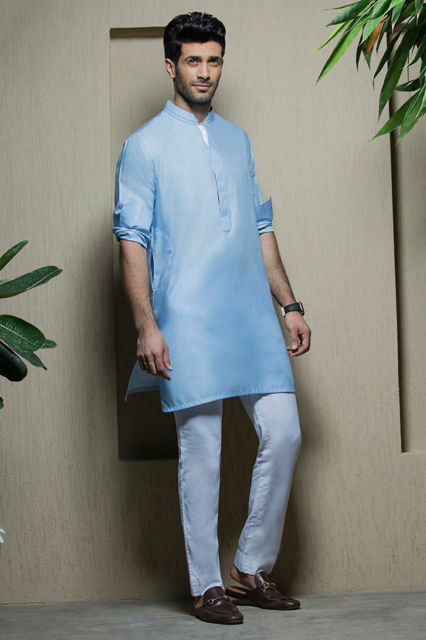 Light Blue Cotton Kurta with Band Collar (2-Piece) - Image 1