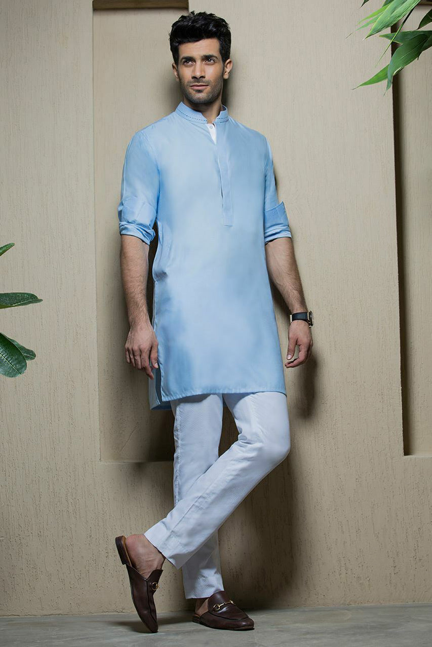 Light Blue Cotton Kurta with Band Collar (2-Piece) - Image 2