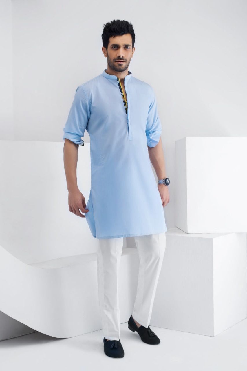 Light Blue Cotton Kurta with Patterned Placket (2-Piece) - Image 1