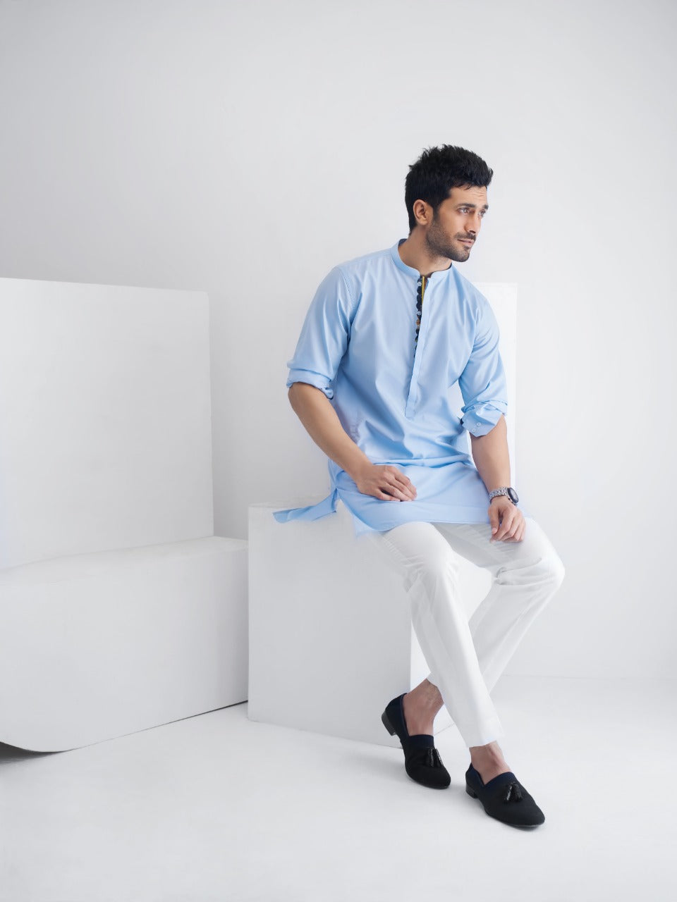 Light Blue Cotton Kurta with Patterned Placket (2-Piece) - Image 2