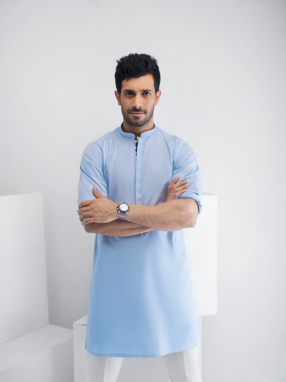 Light Blue Cotton Kurta with Patterned Placket (2-Piece) - Image 3