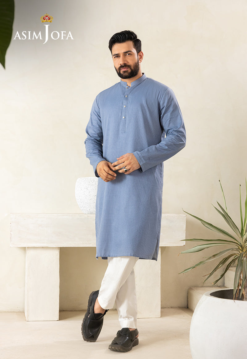 Blue Dobby Cotton Kurta (1-Pc) - Image 1