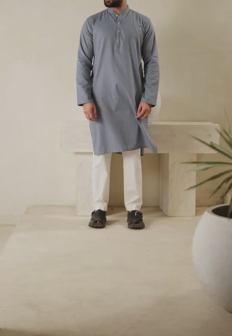 Blue Dobby Cotton Kurta (1-Pc) - Image 2