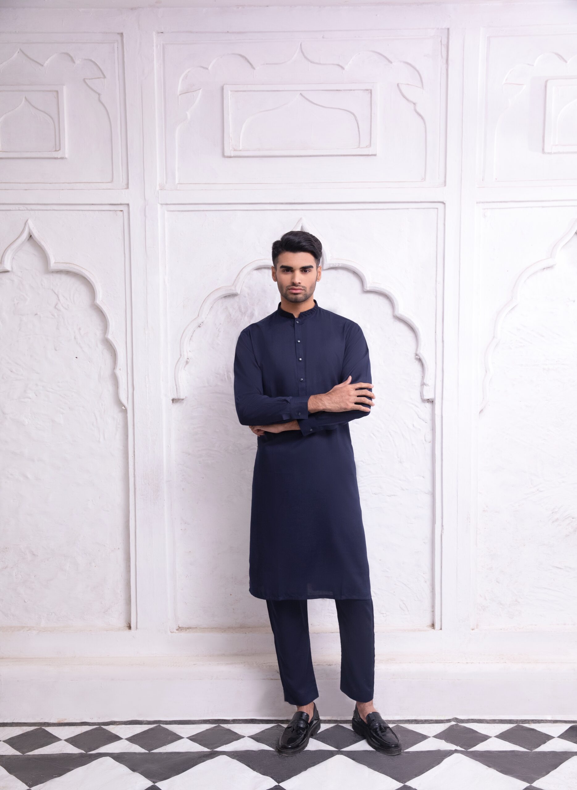 Navy Blue Embroidered Cotton Kurta Pajama (2-Piece) - Image 1