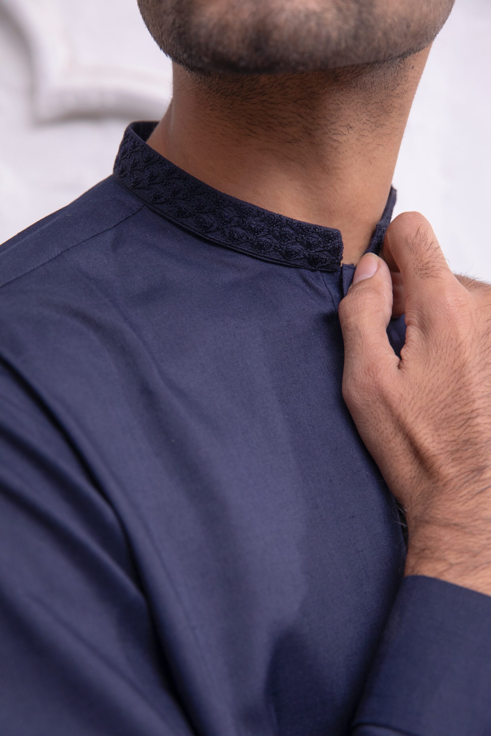 Navy Blue Embroidered Cotton Kurta Pajama (2-Piece) - Image 2