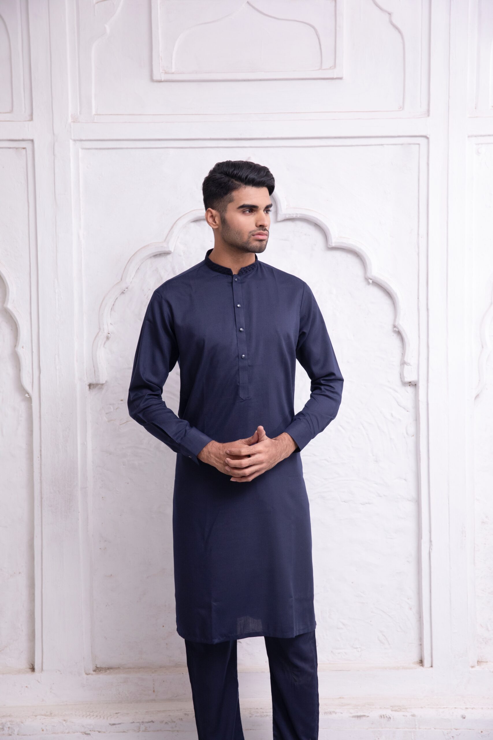 Navy Blue Embroidered Cotton Kurta Pajama (2-Piece) - Image 3