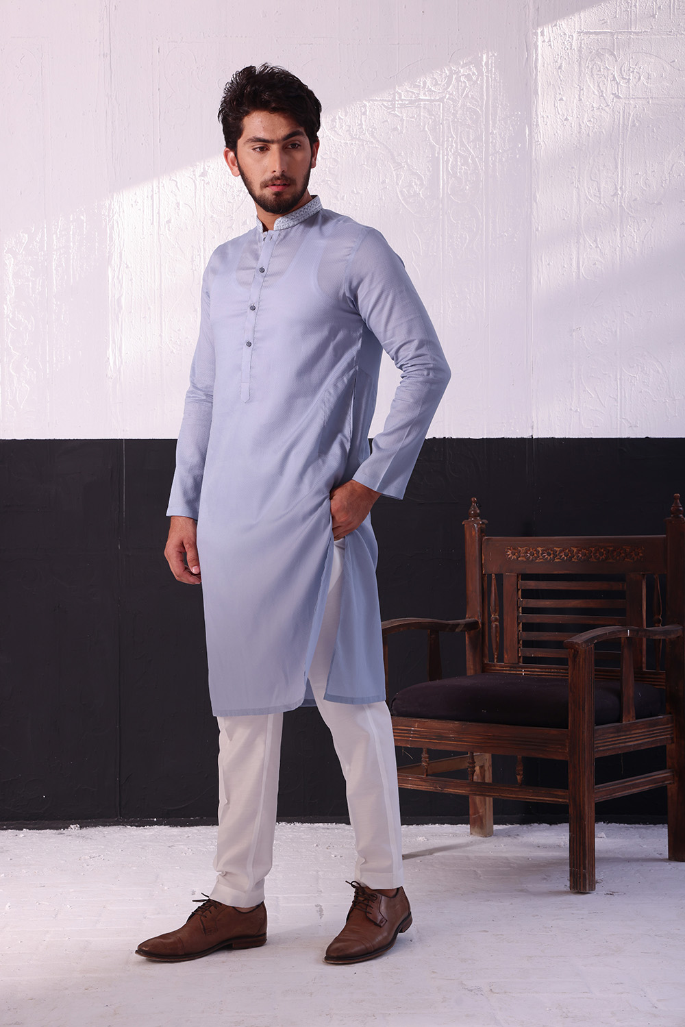 Light Periwinkle Plain Cotton Kurta (2-Piece) - Image 1