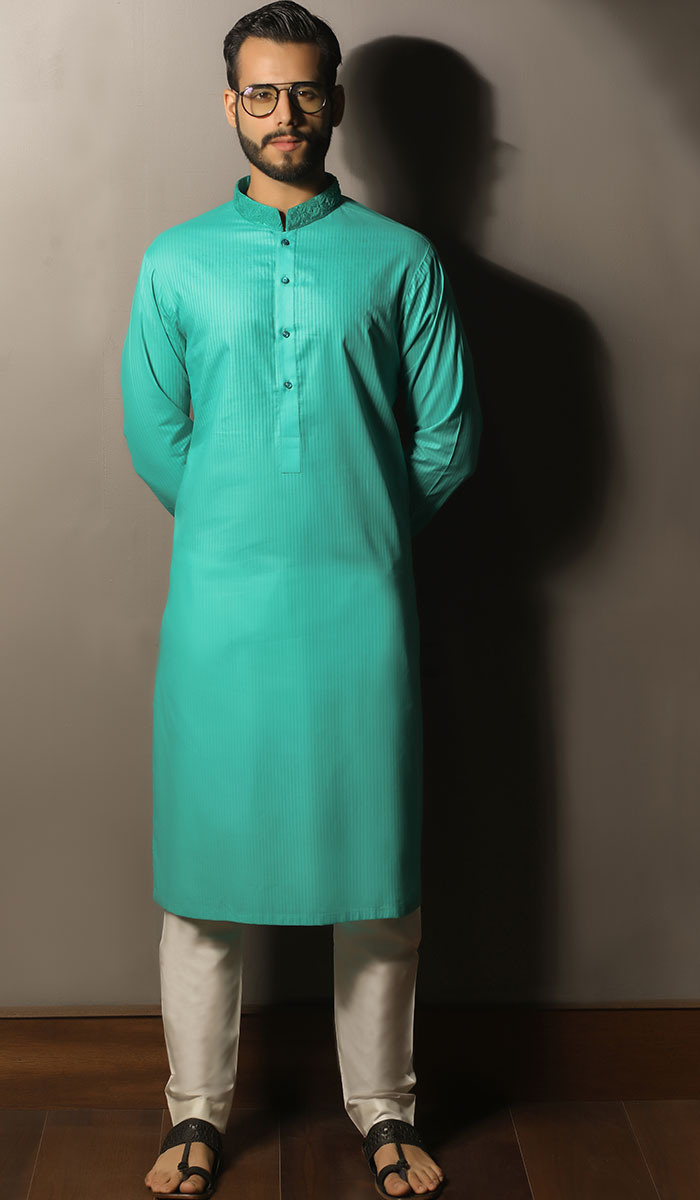 Turquoise Blue Handworked Cotton Kurta (2-Piece) - Image 1