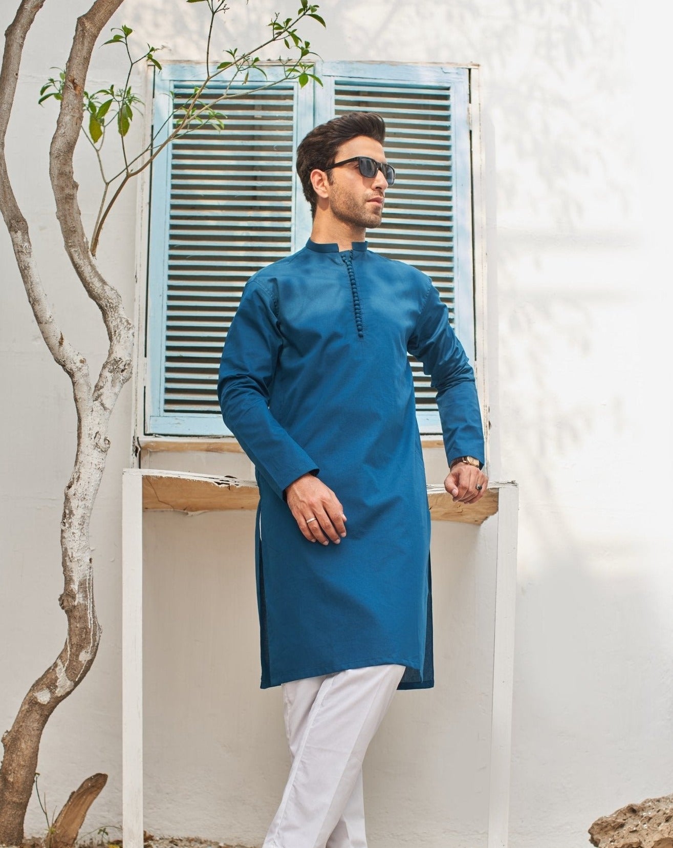 French Blue Cotton Kurta Pajama Set (2-Piece) - Image 1