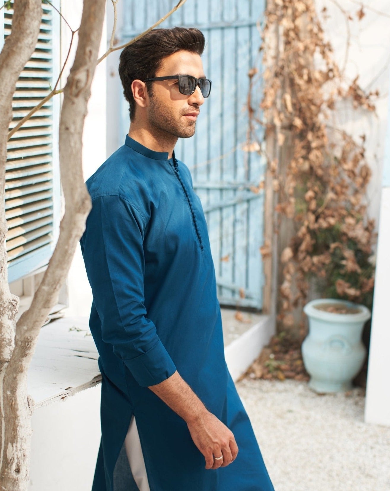 French Blue Cotton Kurta Pajama Set (2-Piece) - Image 2
