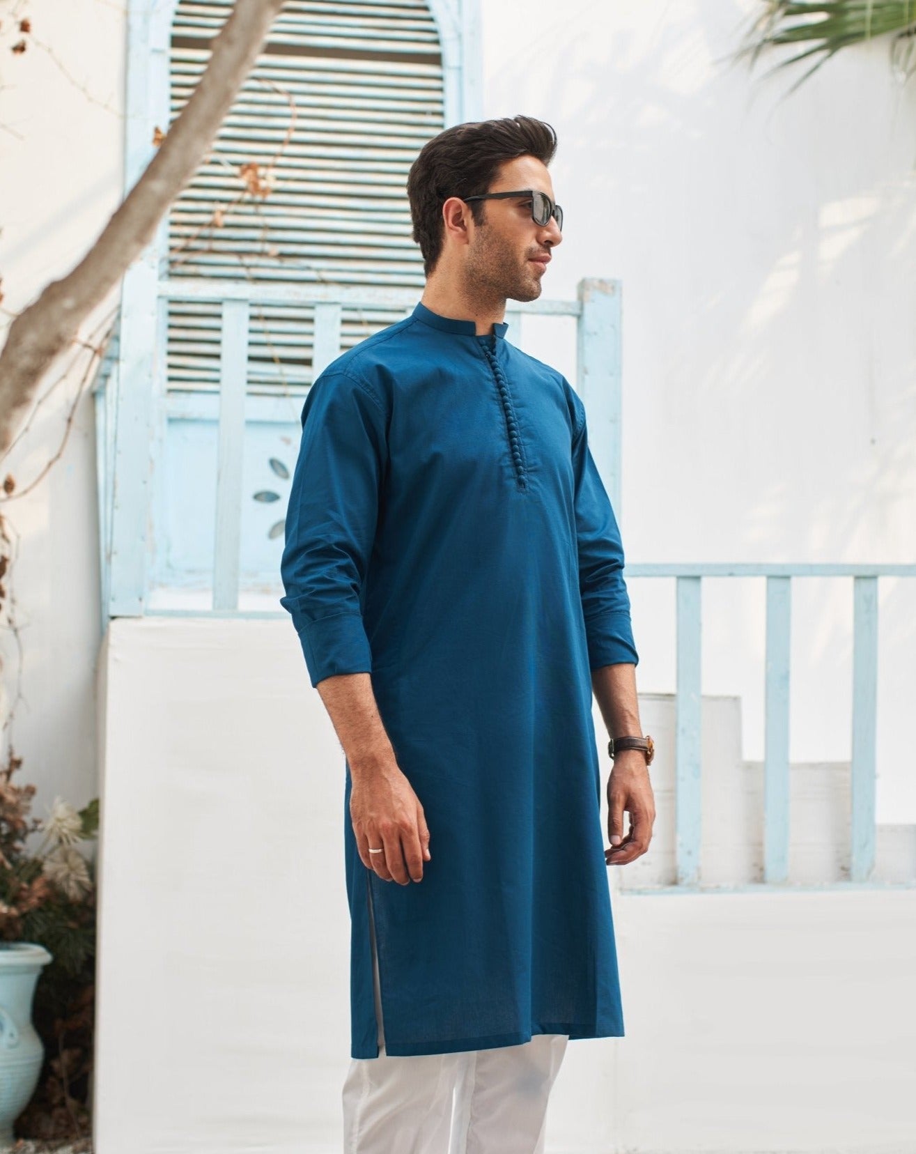 French Blue Cotton Kurta Pajama Set (2-Piece) - Image 3