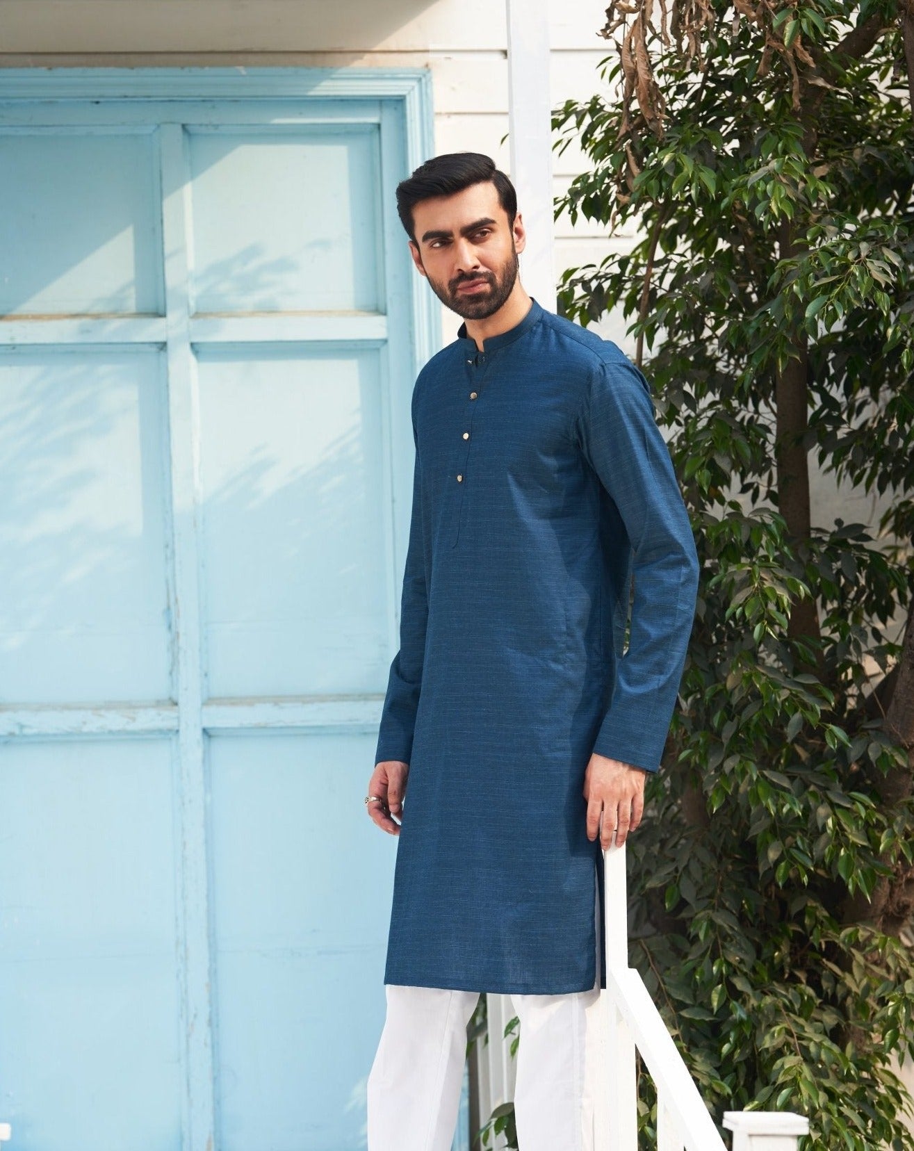 Egyptian Blue Cotton Kurta Trouser Set (2-Piece) - Image 2