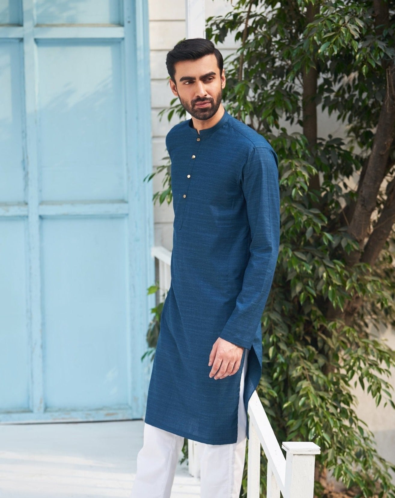 Egyptian Blue Cotton Kurta Trouser Set (2-Piece) - Image 5