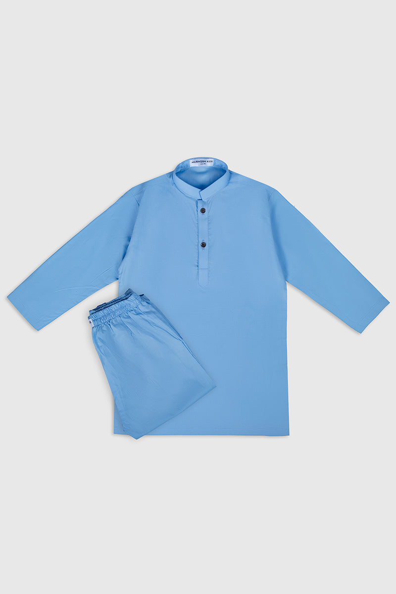 Sky Blue Cotton Kids Kurta Trouser Set (2-Piece) - Image 1