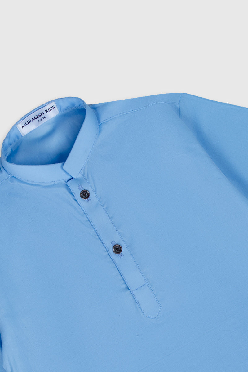 Sky Blue Cotton Kids Kurta Trouser Set (2-Piece) - Image 3