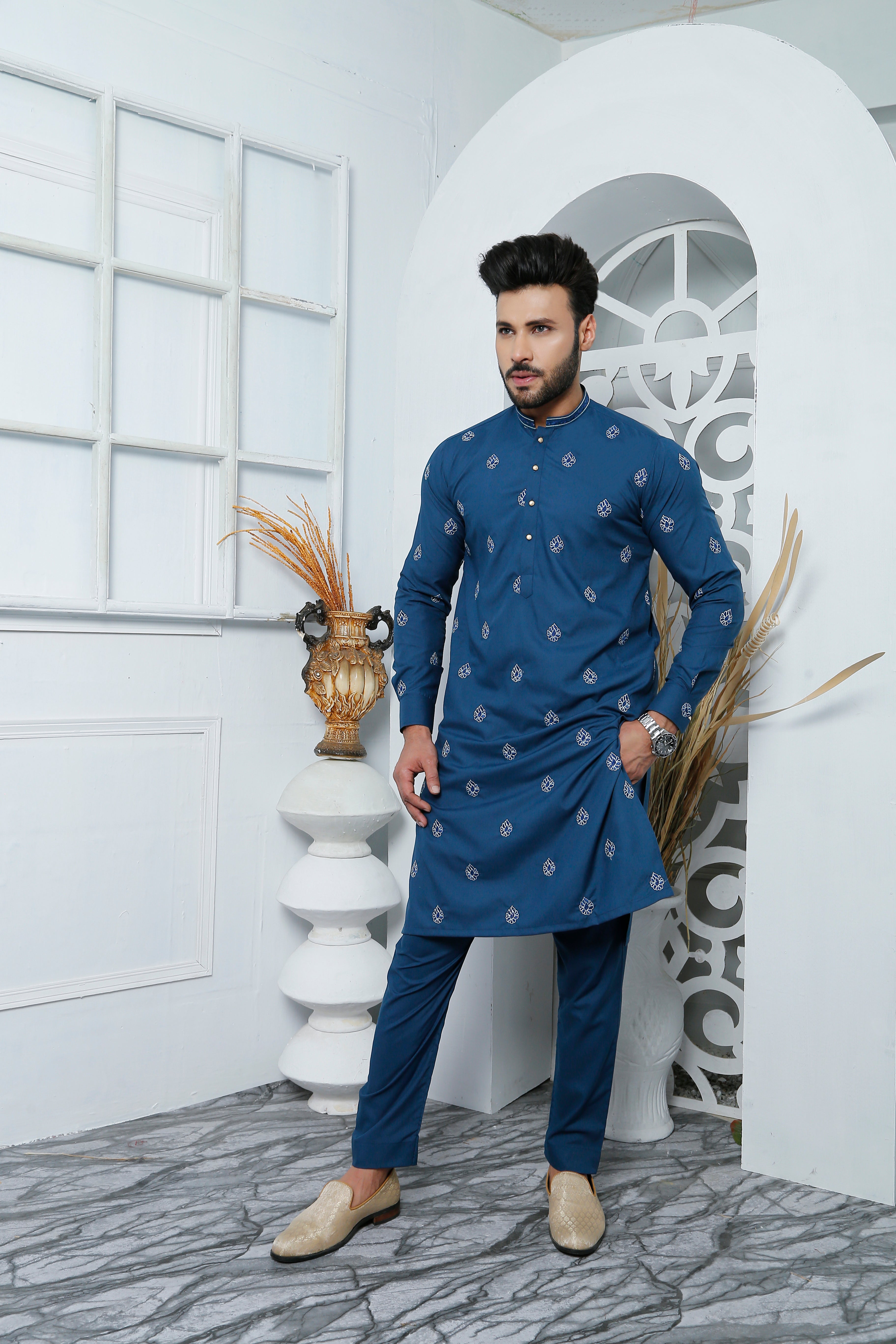 Deep Blue Embroidered Cotton Kurta Pajama (2-Piece) - Image 1