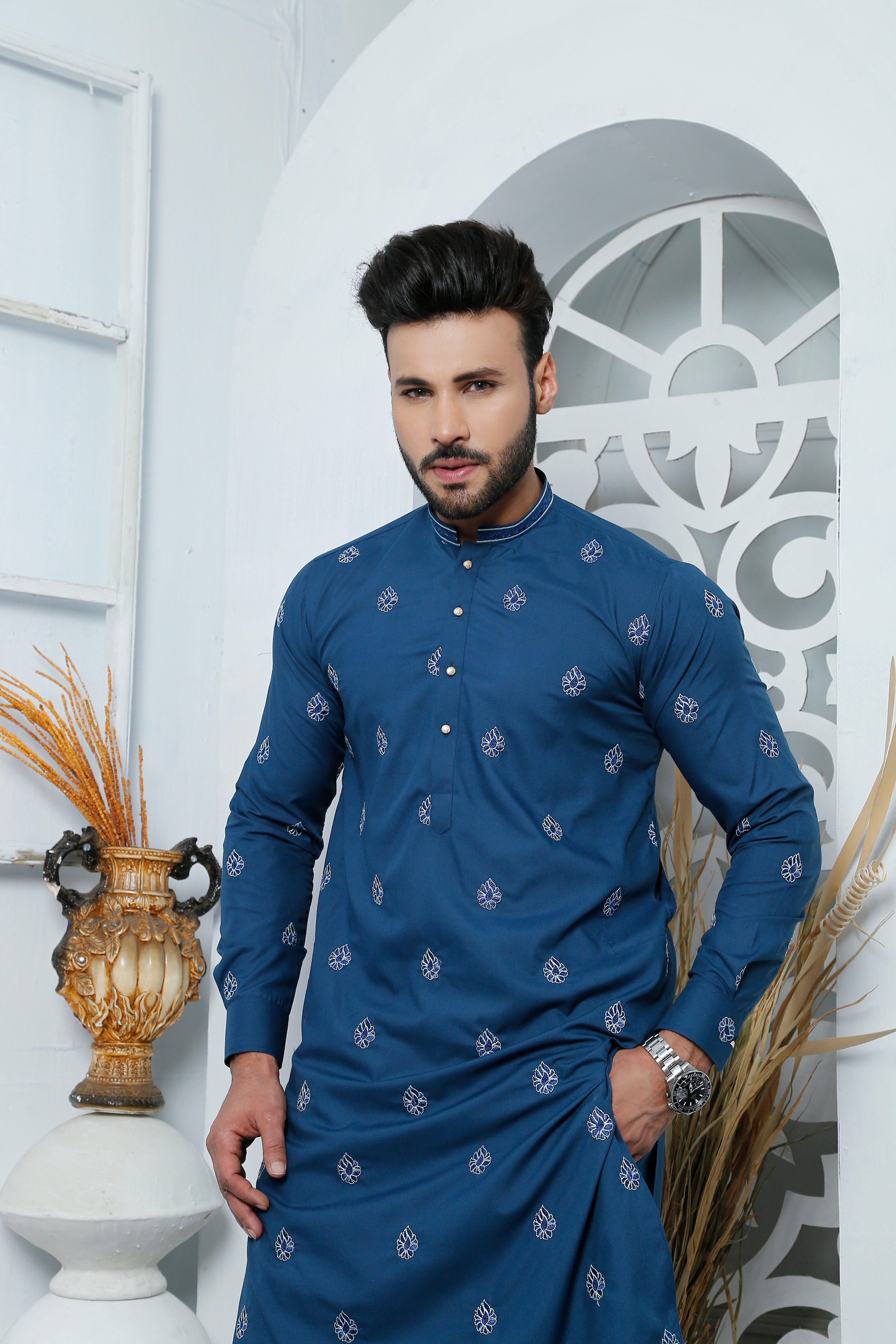 Deep Blue Embroidered Cotton Kurta Pajama (2-Piece) - Image 2