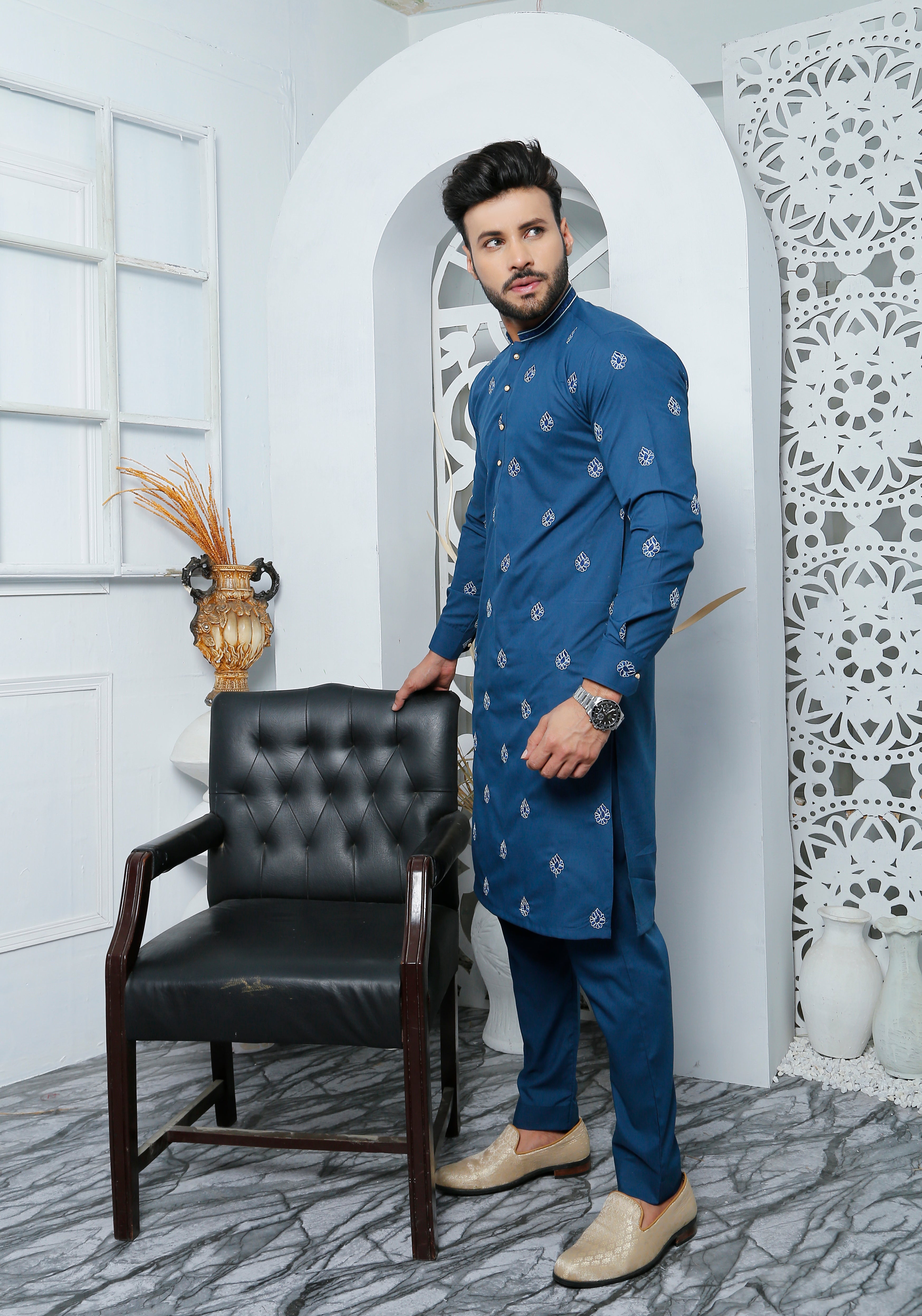 Deep Blue Embroidered Cotton Kurta Pajama (2-Piece) - Image 3