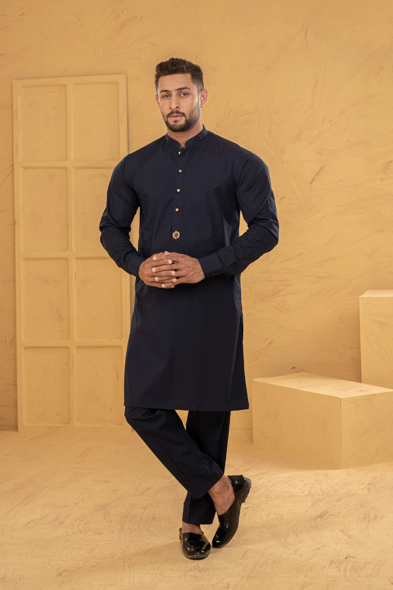 Night Blue Embroidered Cotton Kurta Pajama (2-Piece) - Image 1