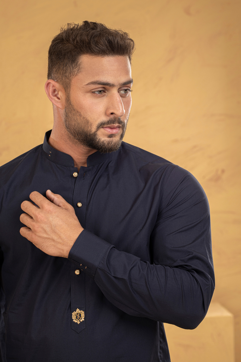 Night Blue Embroidered Cotton Kurta Pajama (2-Piece) - Image 3