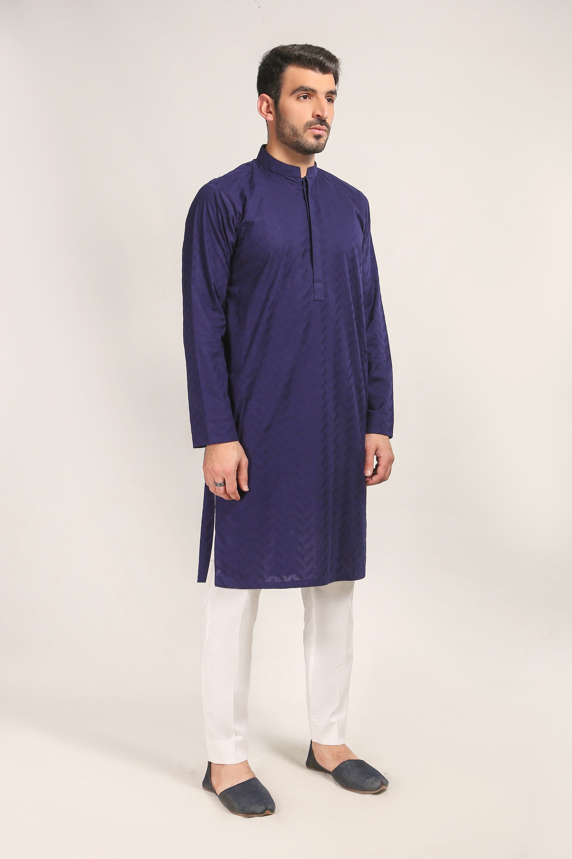 Blue Schiffli Embroidered Cotton Kurta (2-Piece) - Image 1