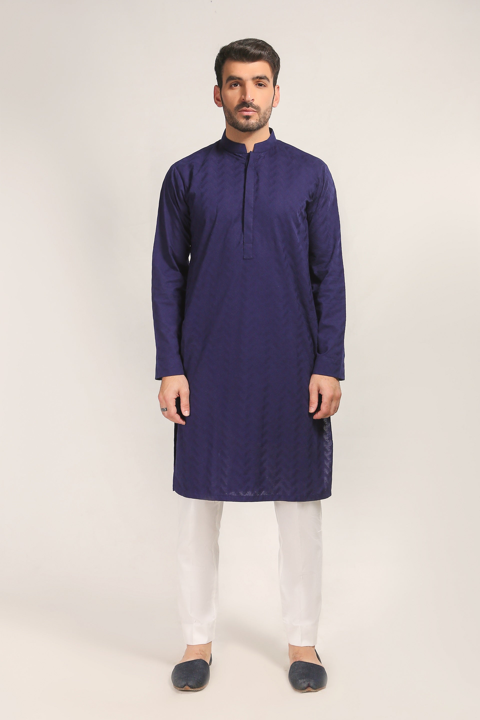 Blue Schiffli Embroidered Cotton Kurta (2-Piece) - Image 2