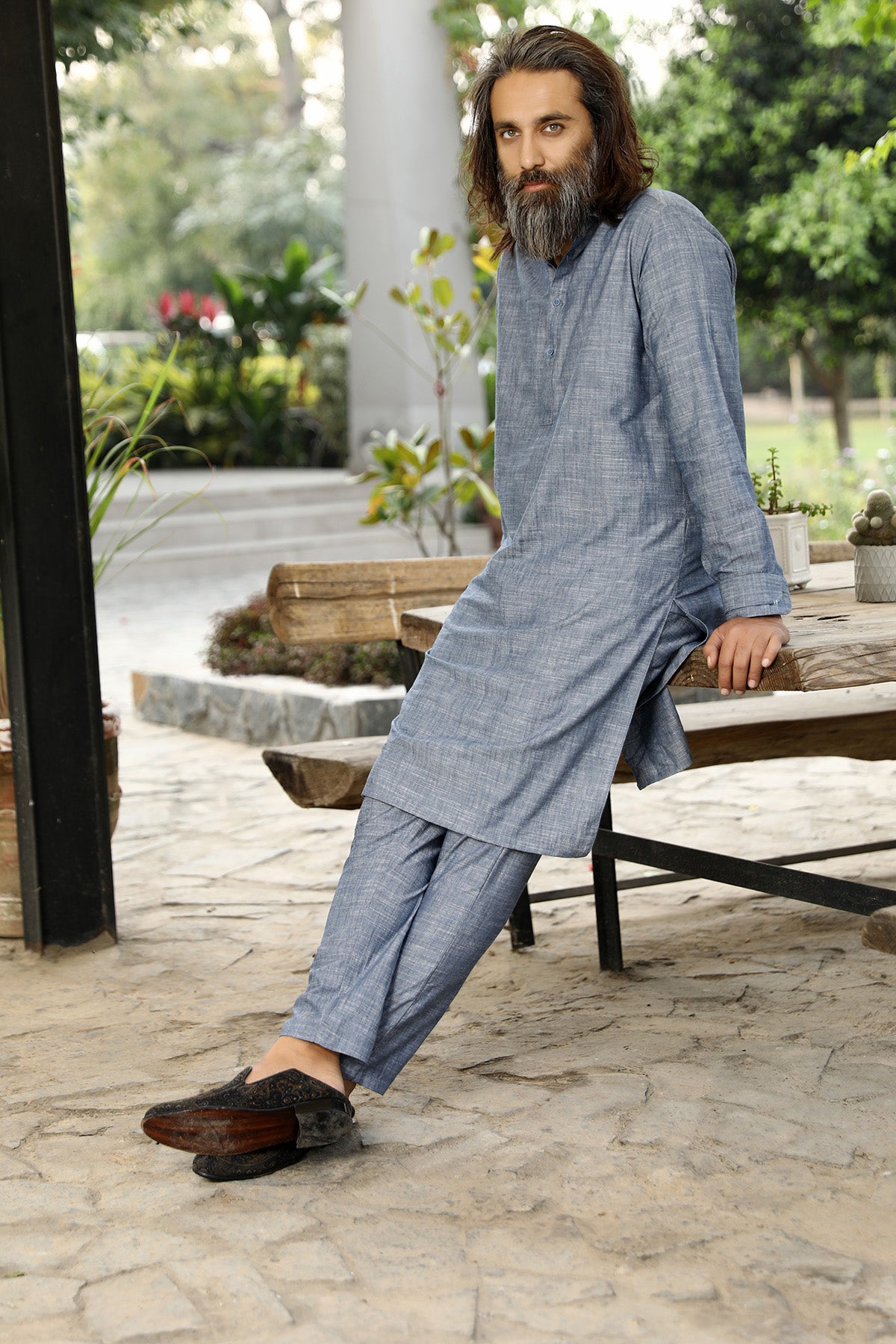 Slate Blue Textured Cotton Kurta Pajama (2-Piece) - Image 3
