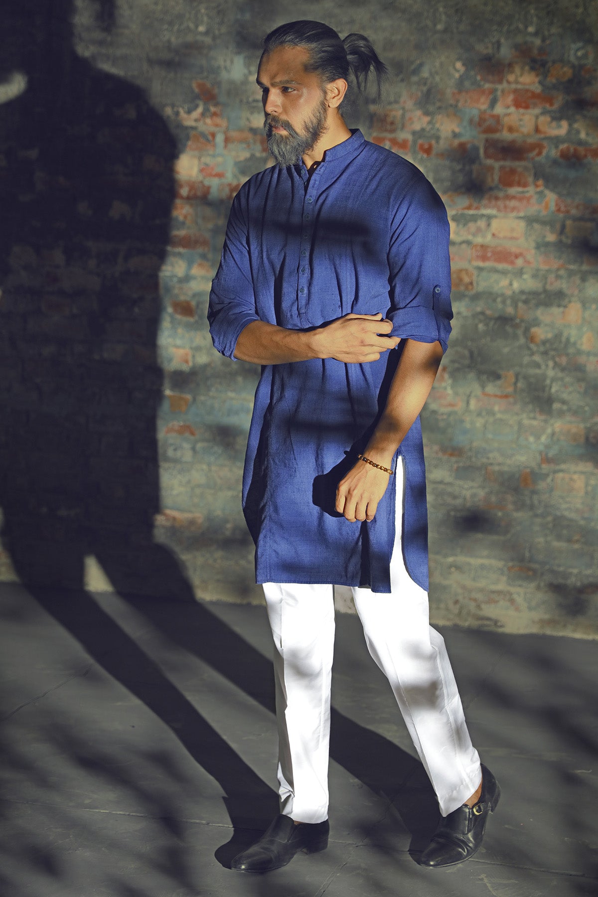 Deep Blue Textured Cotton Kurta (2-Piece) - Image 1