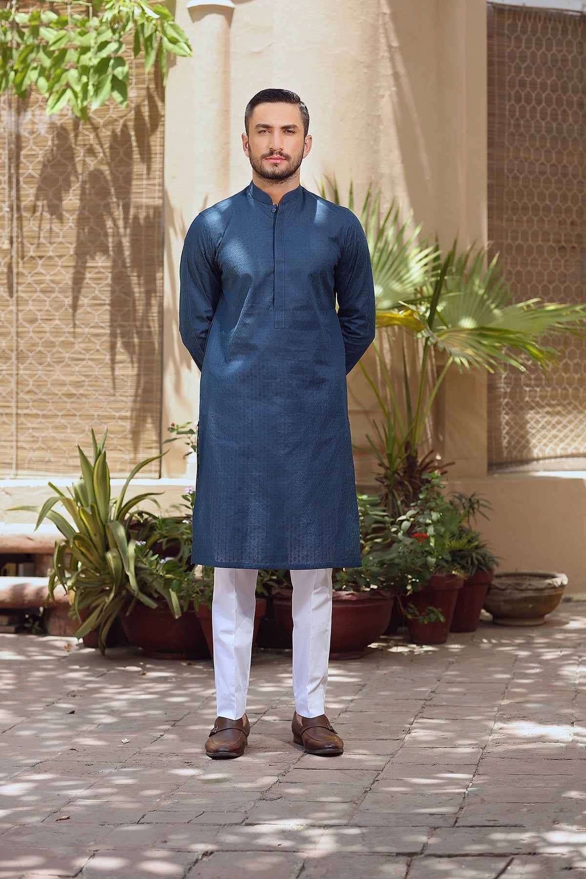 Deep Blue Geometric Embroidered Cotton Lawn Kurta (2-Piece) - Image 1