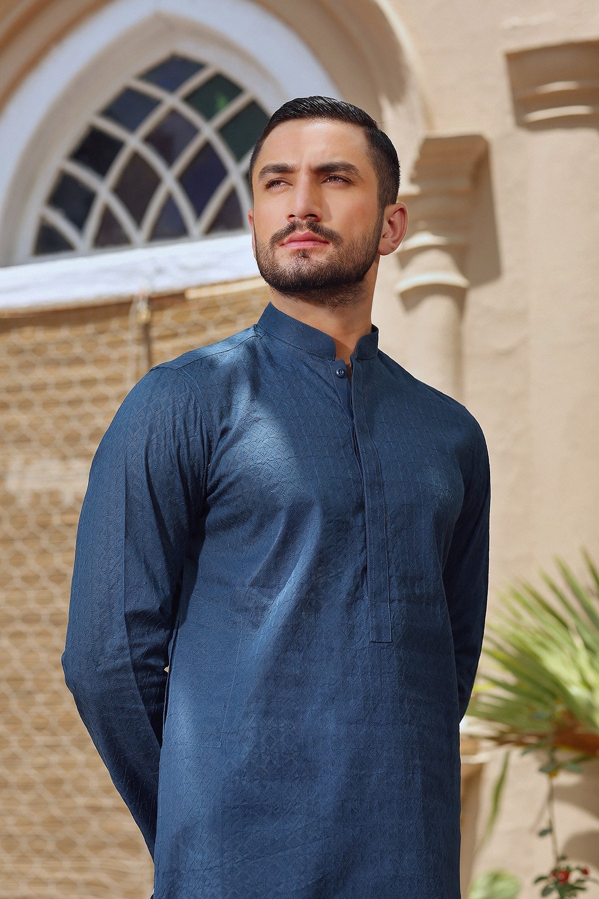 Deep Blue Geometric Embroidered Cotton Lawn Kurta (2-Piece) - Image 2