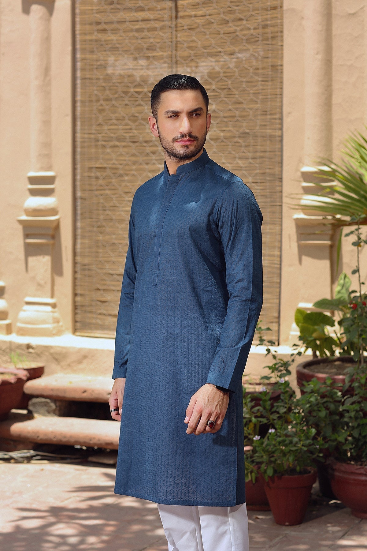 Deep Blue Geometric Embroidered Cotton Lawn Kurta (2-Piece) - Image 5