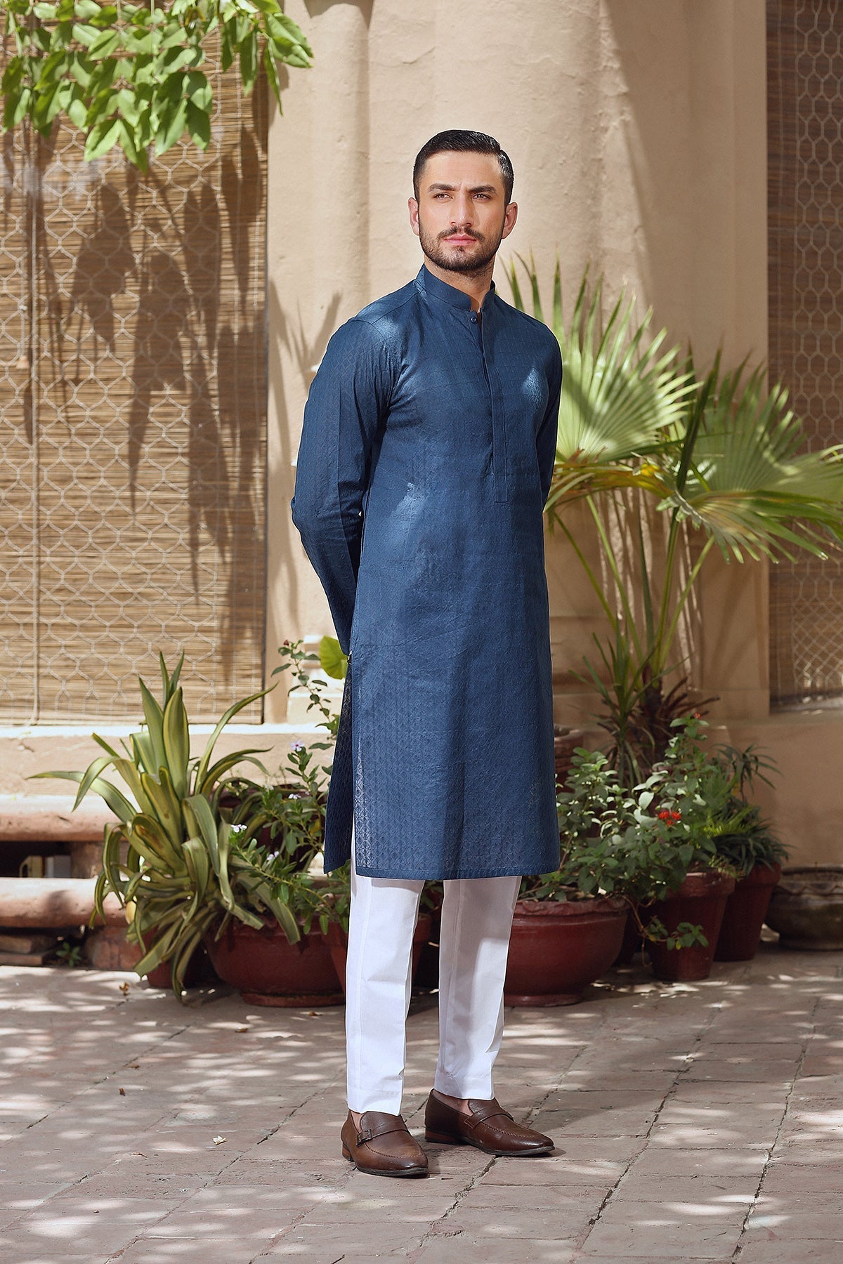 Deep Blue Geometric Embroidered Cotton Lawn Kurta (2-Piece) - Image 7