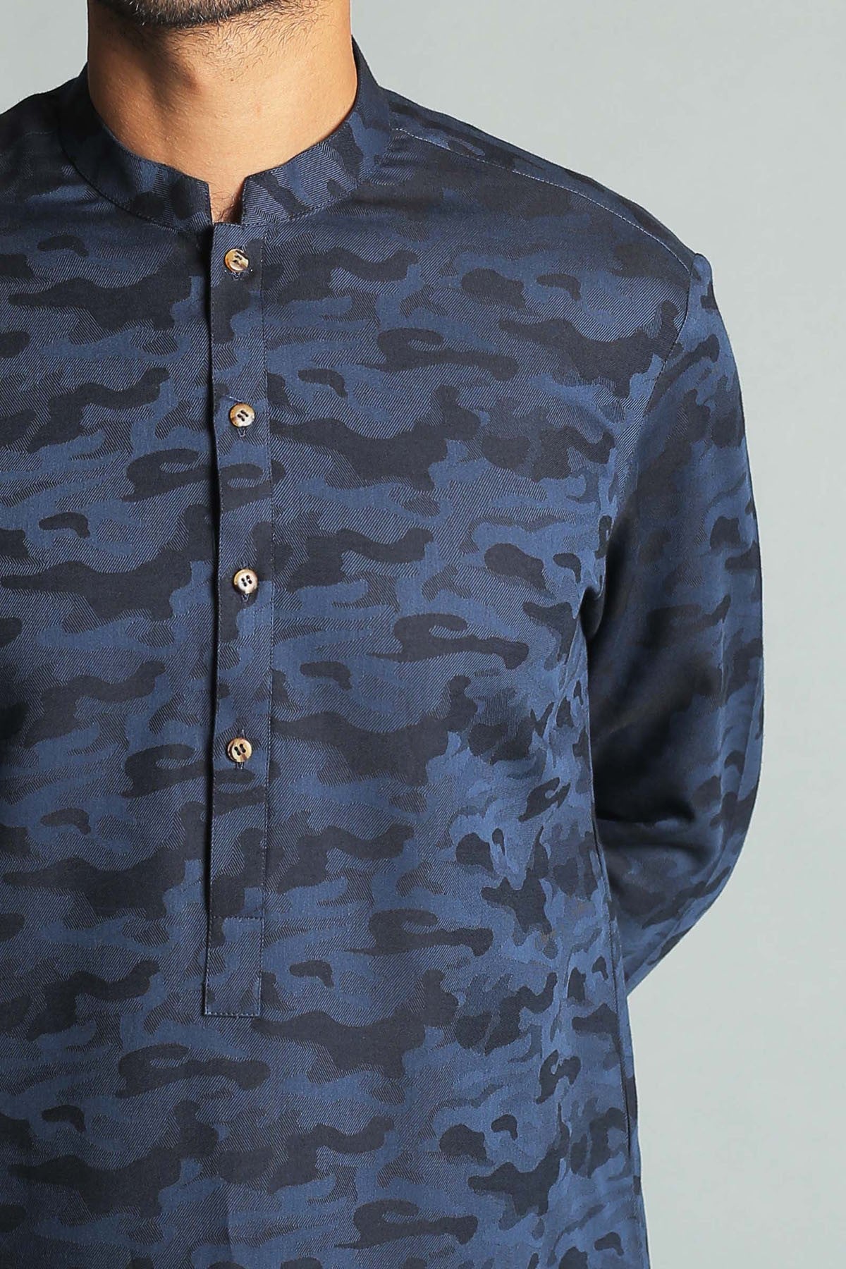 Royal Blue Jacquard Cotton Kurta (2-Piece) - Image 1