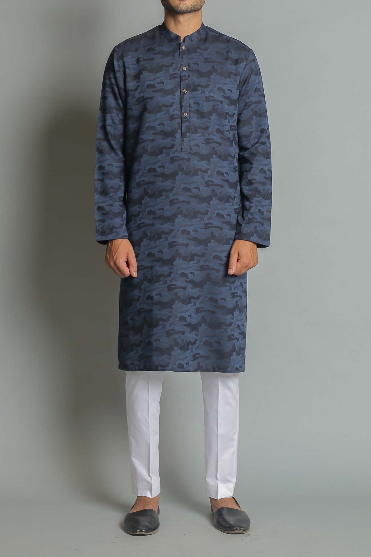 Royal Blue Jacquard Cotton Kurta (2-Piece) - Image 2