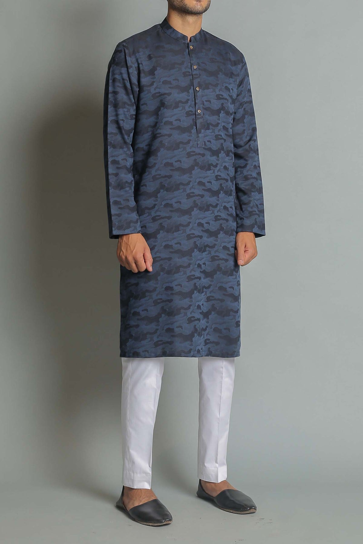 Royal Blue Jacquard Cotton Kurta (2-Piece) - Image 3