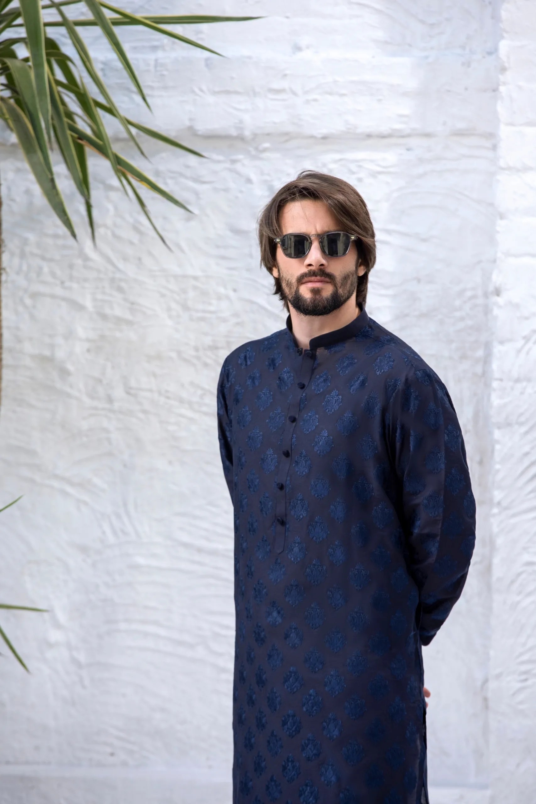Denim Blue Jacquard Kurta Pajama (2-Piece) - Image 1