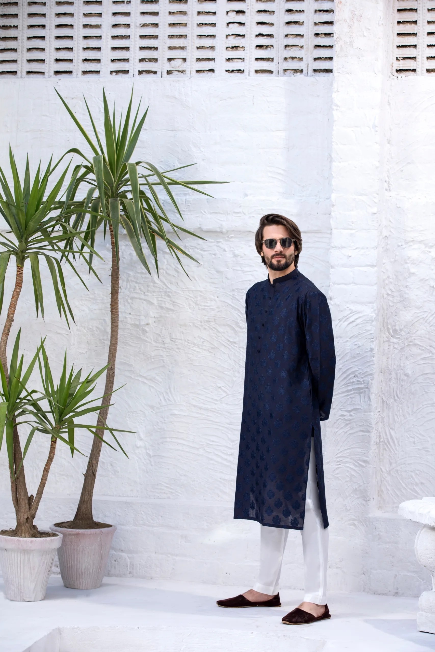 Denim Blue Jacquard Kurta Pajama (2-Piece) - Image 2