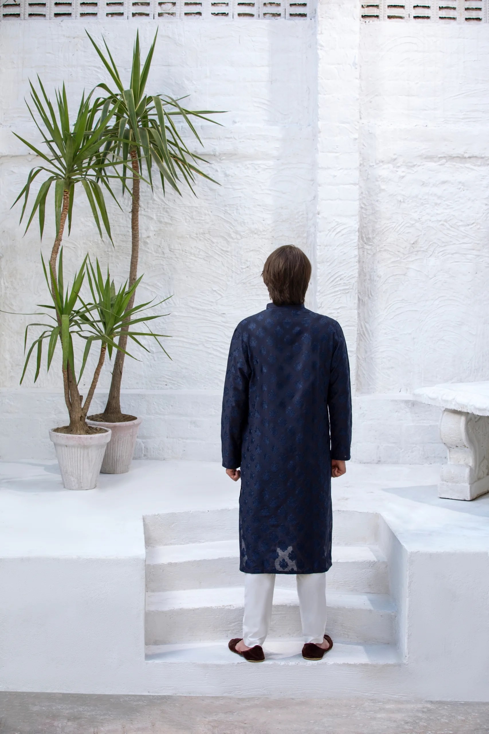 Denim Blue Jacquard Kurta Pajama (2-Piece) - Image 3