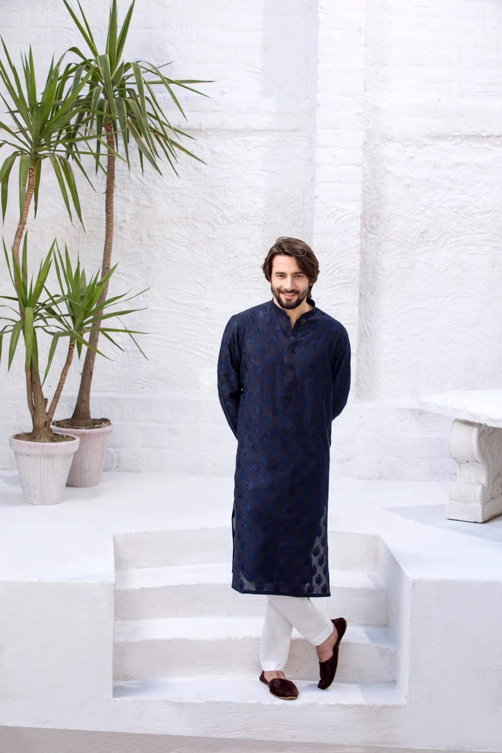 Denim Blue Jacquard Kurta Pajama (2-Piece) - Image 5