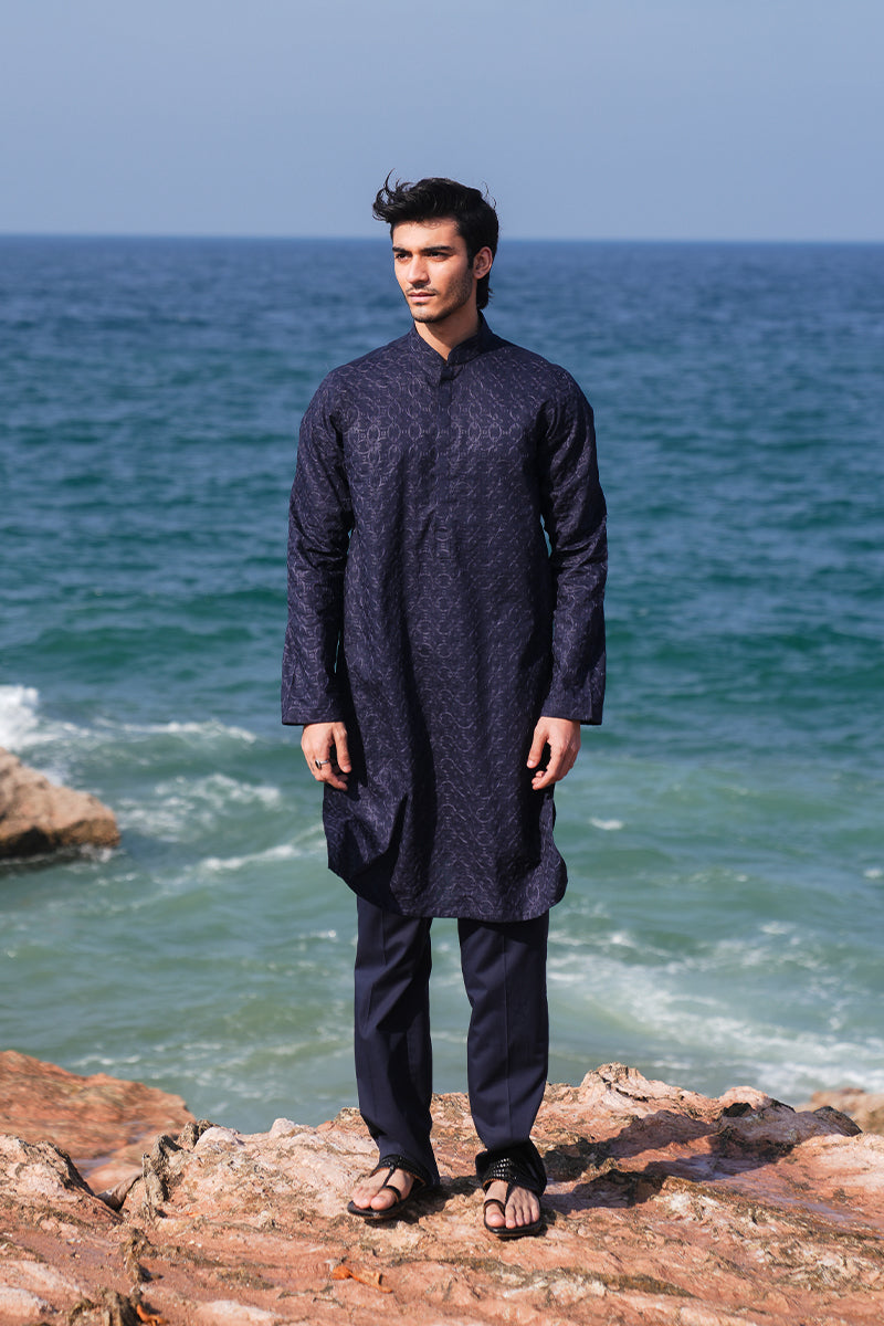 Navy Blue Jacquard Kurta Pajama Set (2-Piece) - Image 1