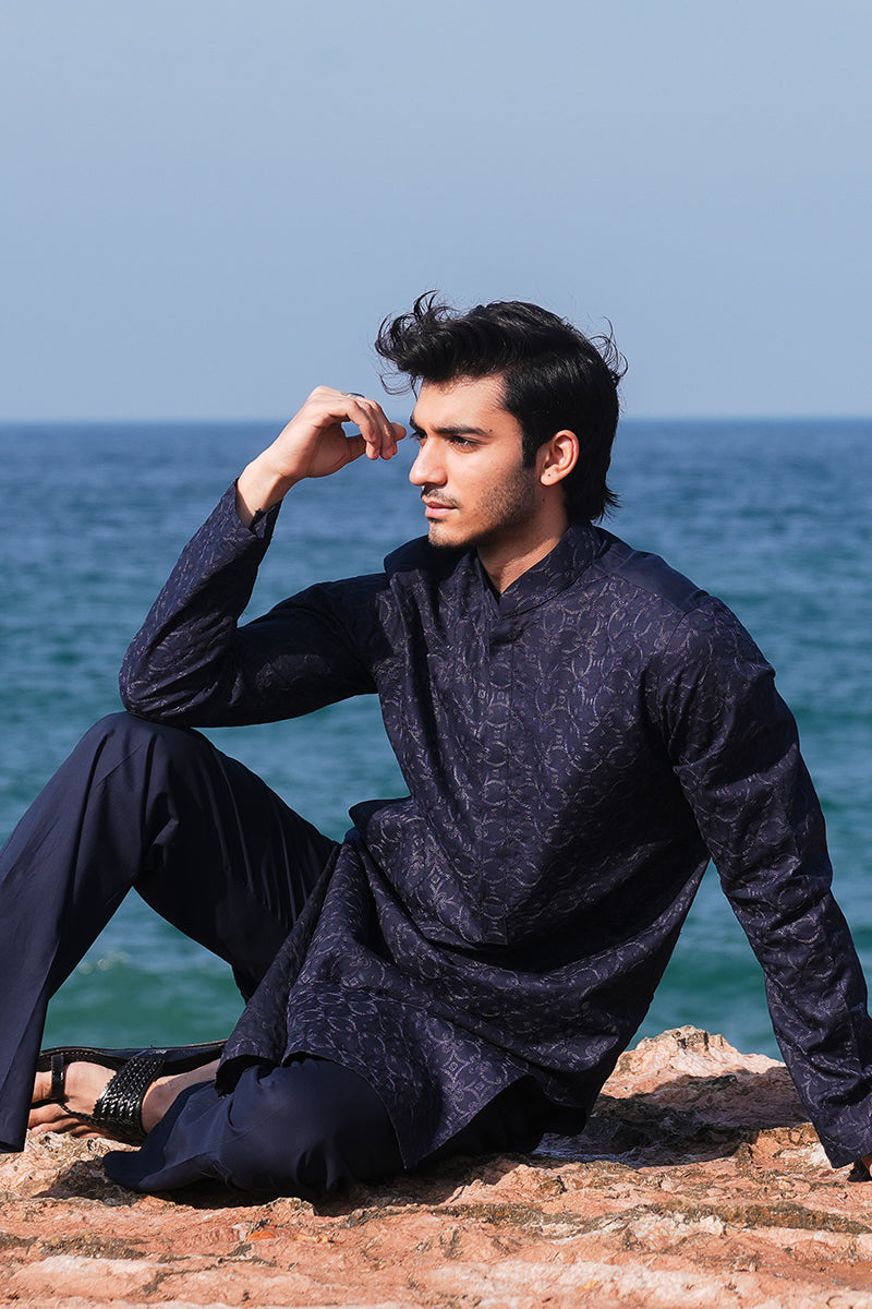Navy Blue Jacquard Kurta Pajama Set (2-Piece) - Image 2