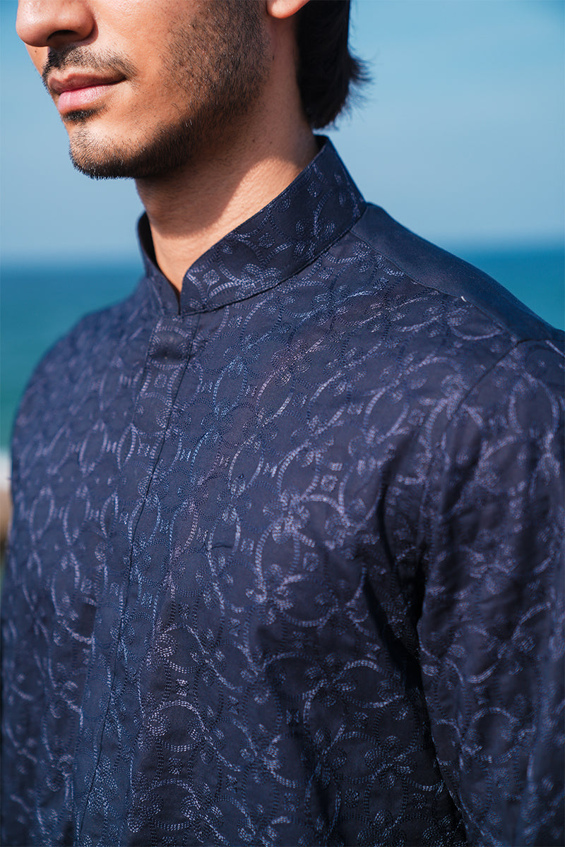 Navy Blue Jacquard Kurta Pajama Set (2-Piece) - Image 3