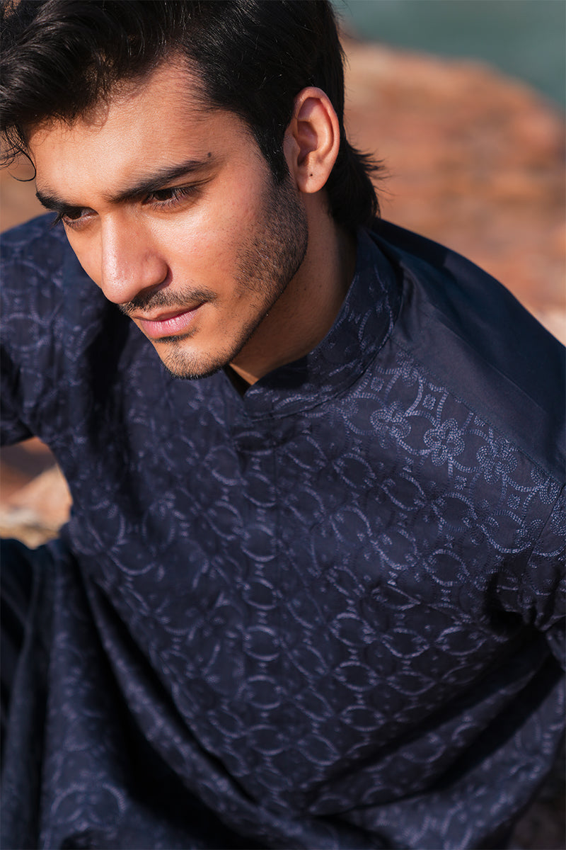 Navy Blue Jacquard Kurta Pajama Set (2-Piece) - Image 4