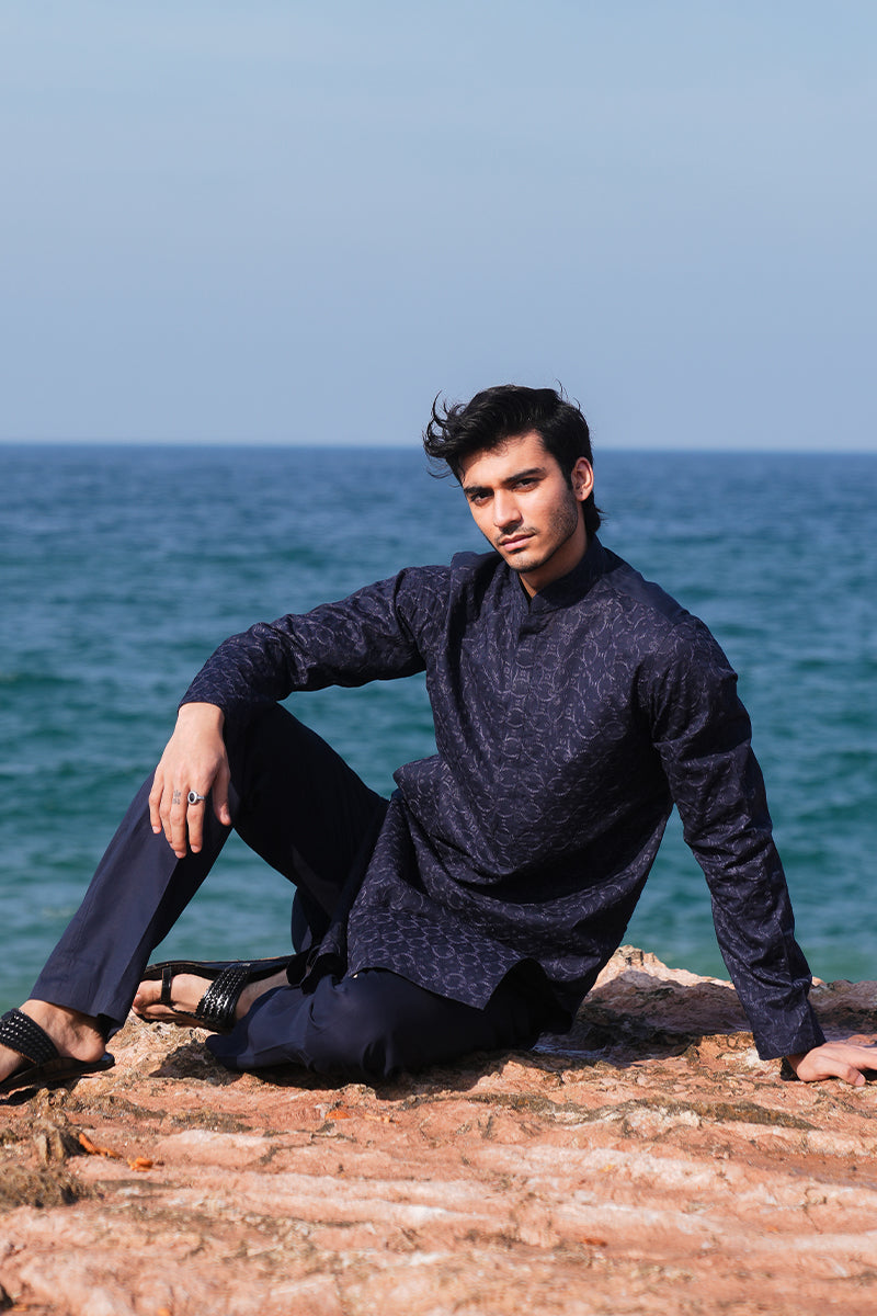 Navy Blue Jacquard Kurta Pajama Set (2-Piece) - Image 5