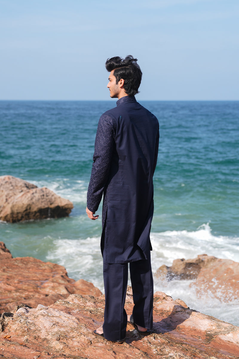 Navy Blue Jacquard Kurta Pajama Set (2-Piece) - Image 6