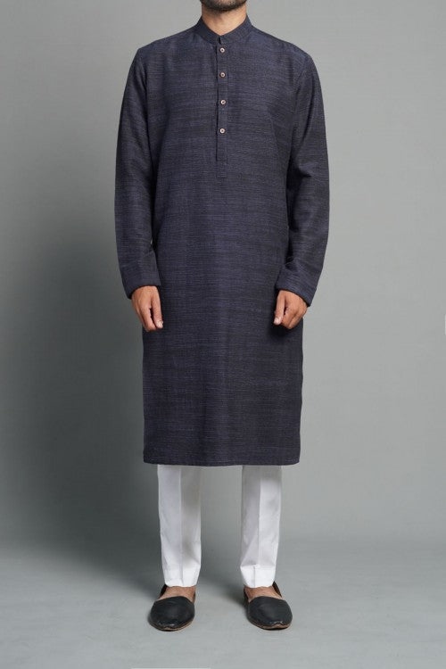 Deep Blue Khaddar Band Collar Kurta (2-Piece) - Image 1