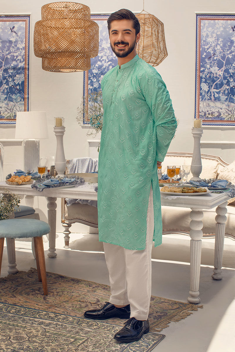 Aqua Chikankari-Inspired Lawn Kurta Pajama (2-Piece) - Image 1