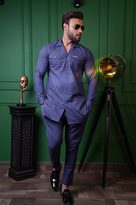 Deep Blue Embroidered Linen Kurta Pajama (2-Piece) - Image 1