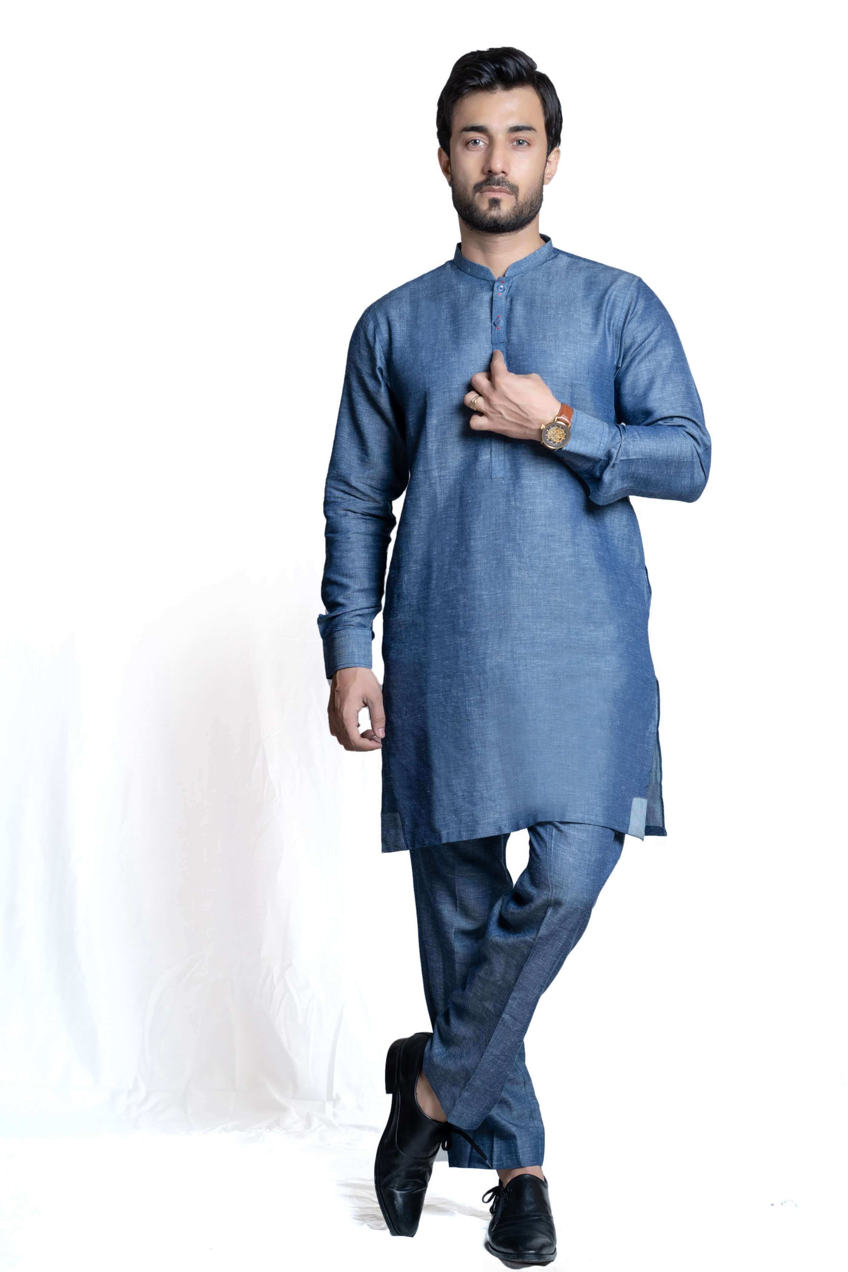 Blue Tensile Linen Kurta Pajama (2-Piece) - Image 1