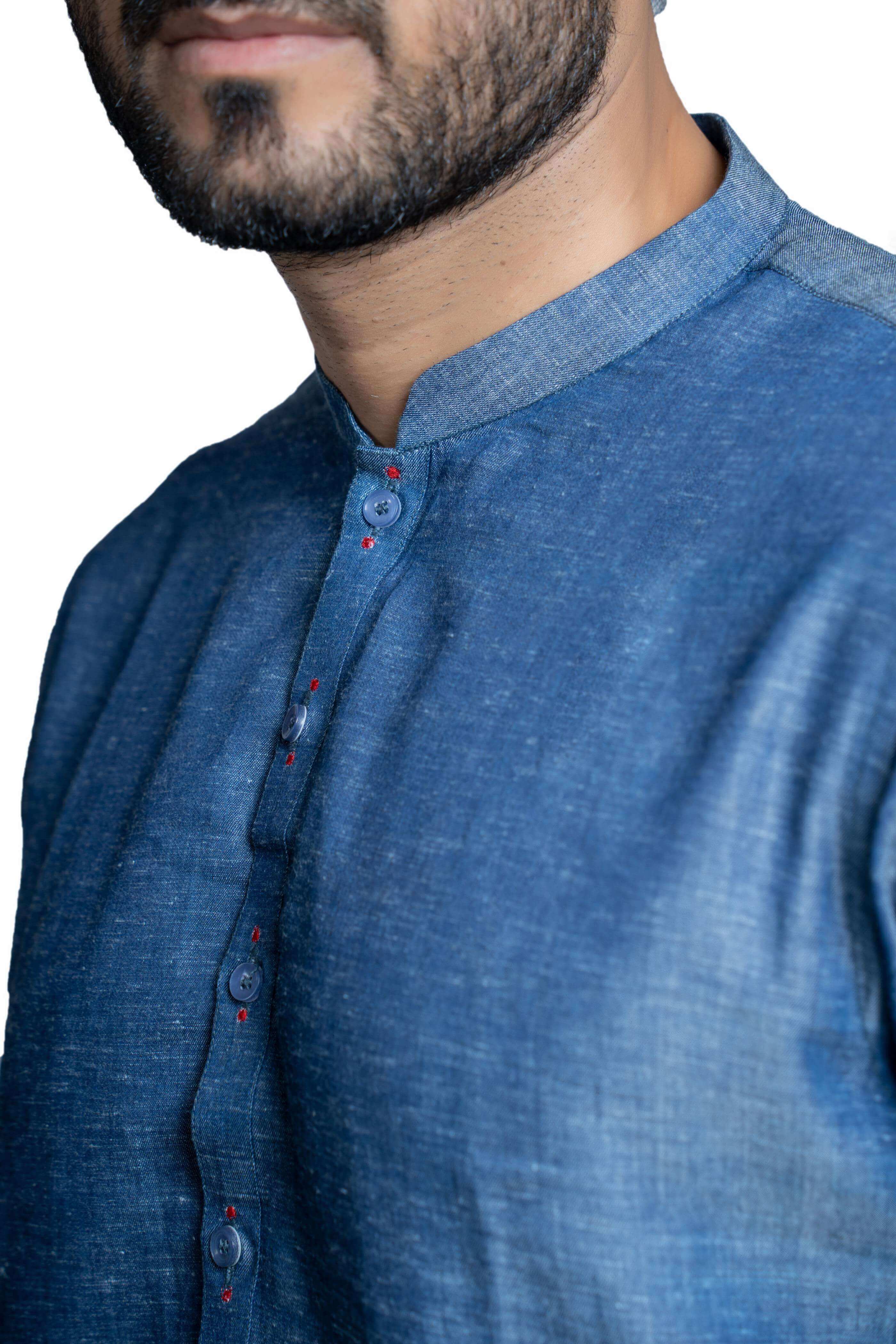 Blue Tensile Linen Kurta Pajama (2-Piece) - Image 2